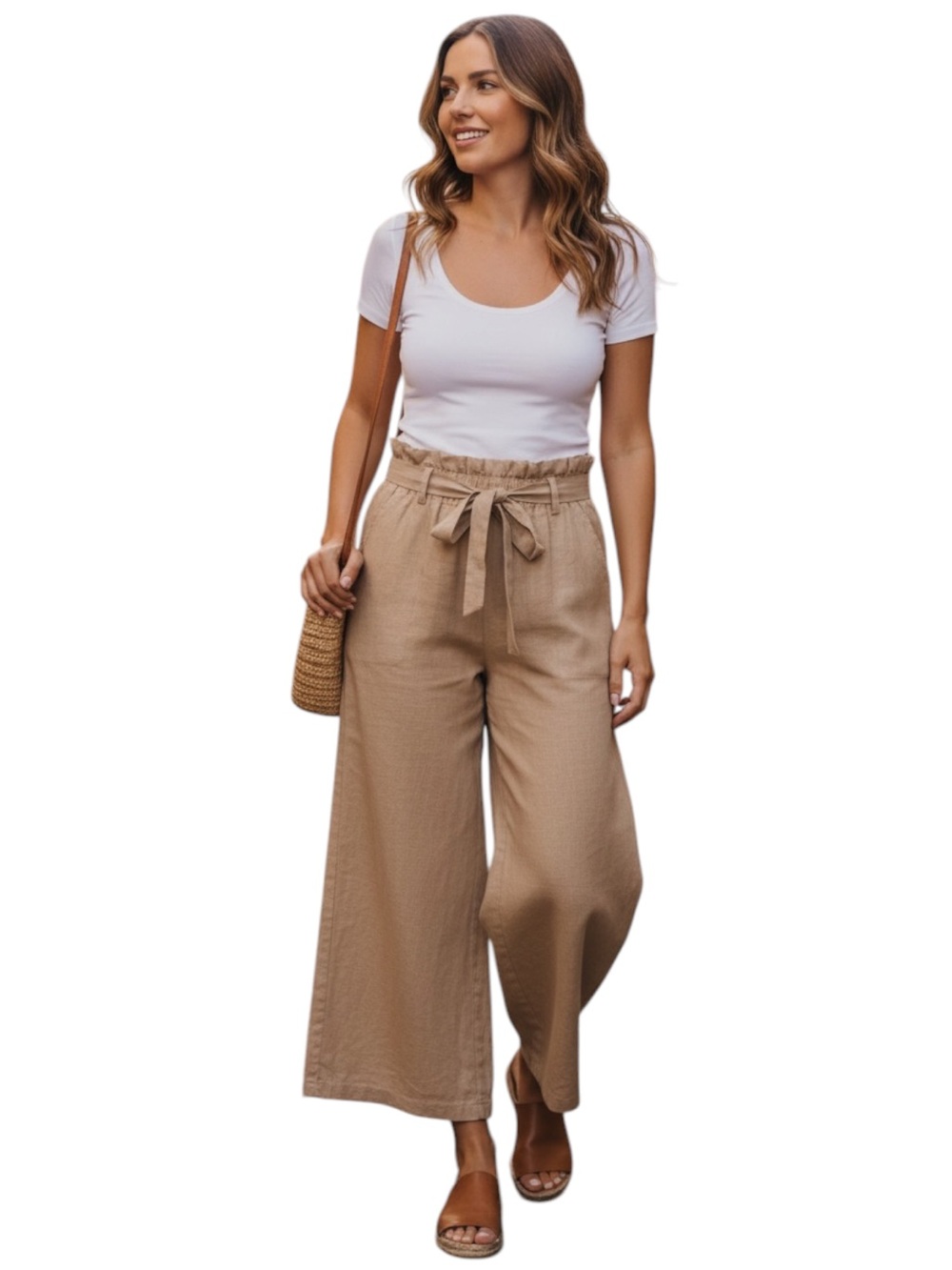 Mittoshop Linen Blend Paperbag Waist Wide Leg Pants Beige Tan Size Medium